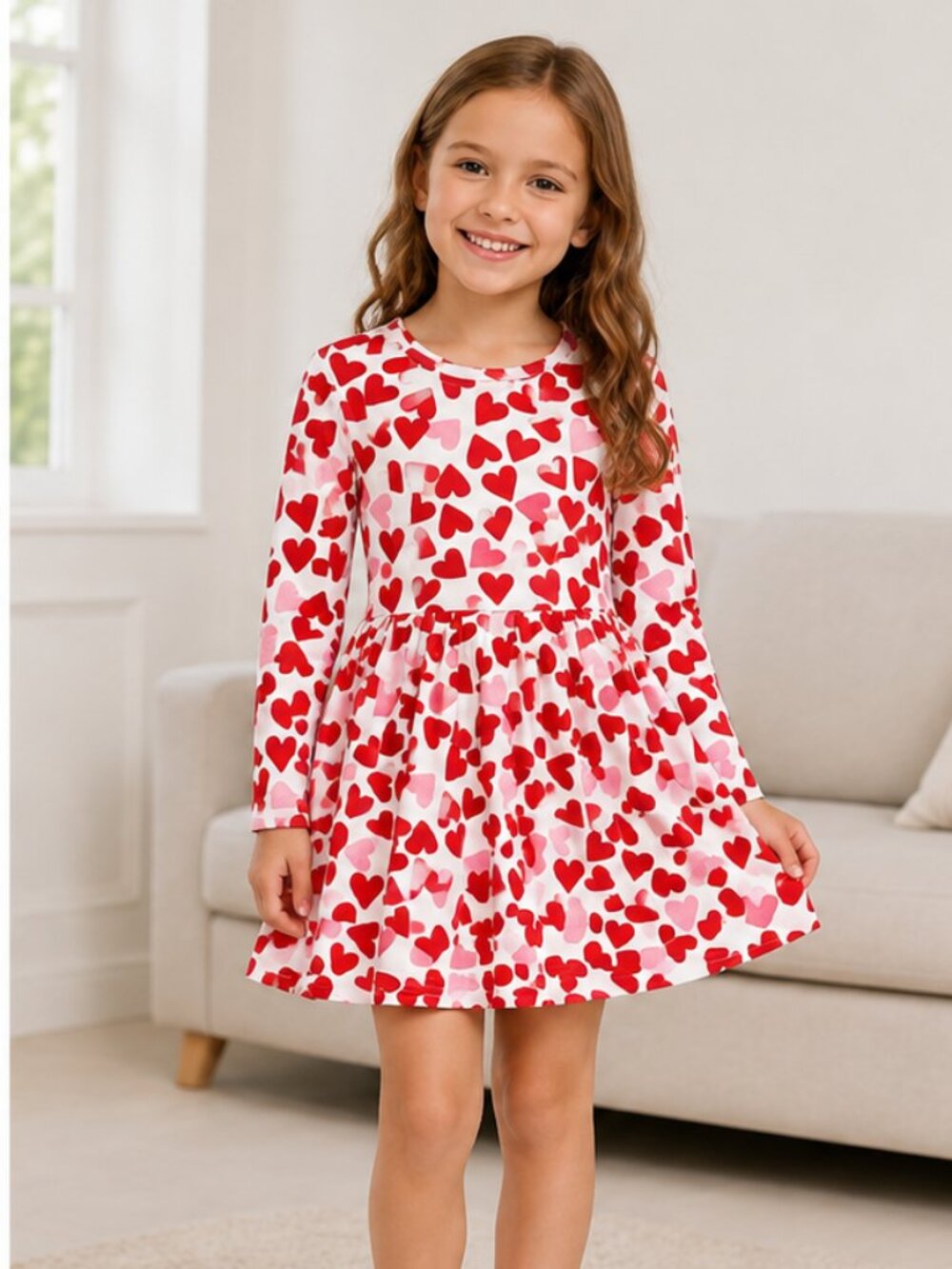 Joe Fresh Girls Heart Print Twirl Dress Size 5 Long Sleeve Like New